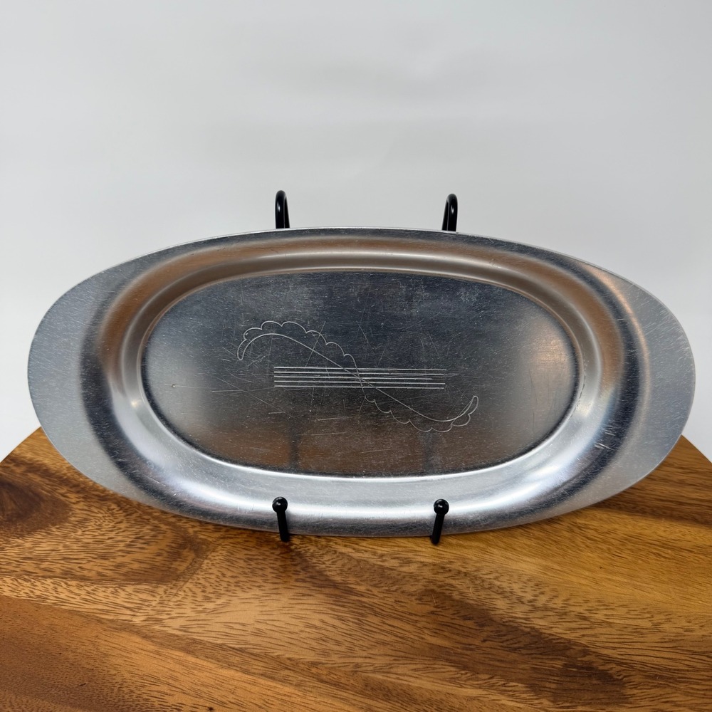 Vintage Kensington Aluminum Oval Serving Tray‎ Platter Engraved Art Deco Design